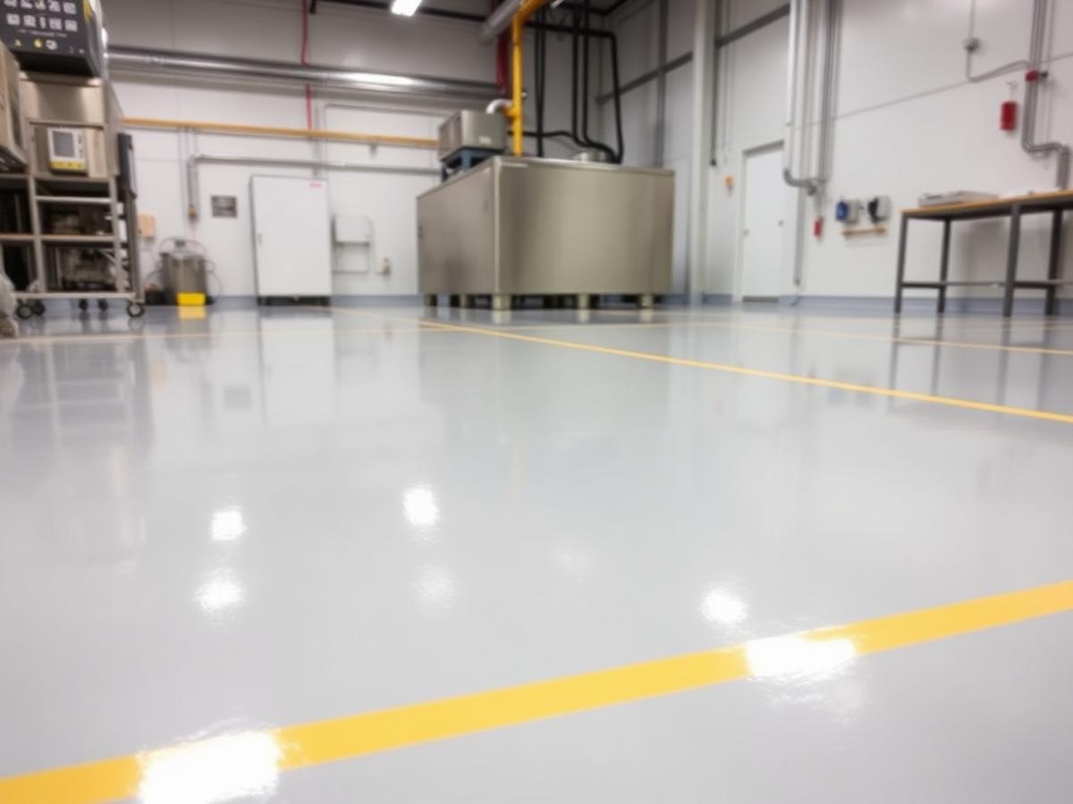 High-gloss epoxy coated industrial floor with safety striping