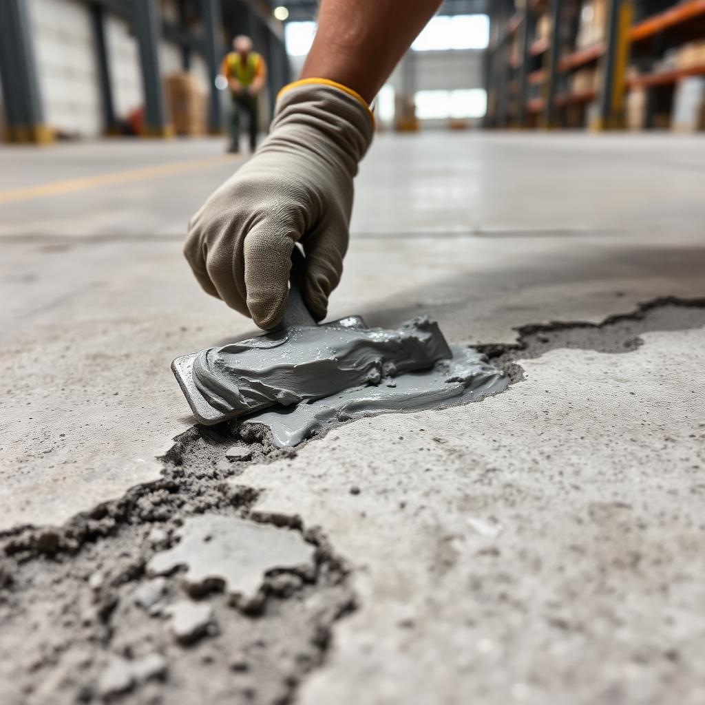 Worker troweling concrete patching compound into a warehouse floor