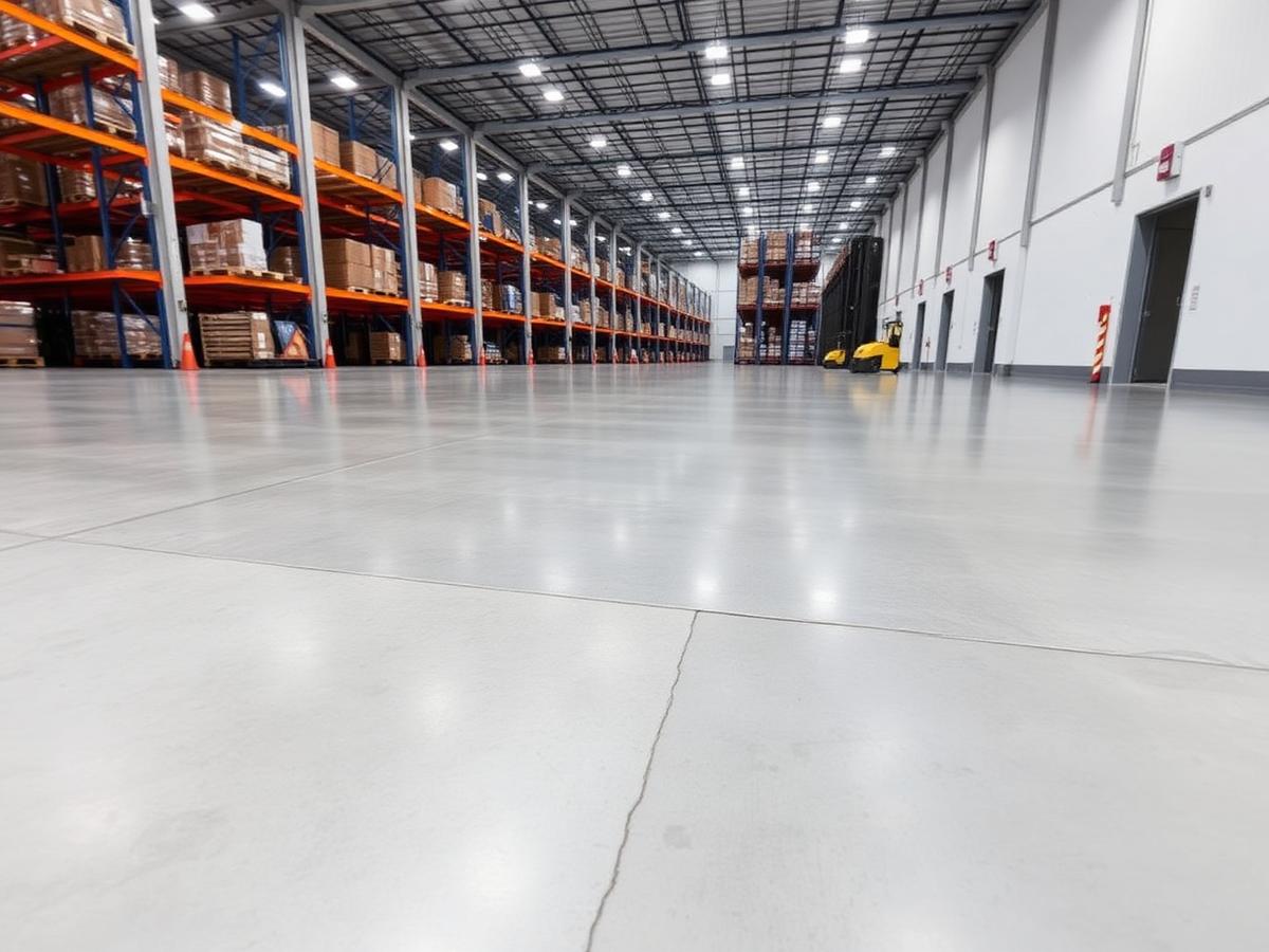 Sealed concrete warehouse floor with satin finish
